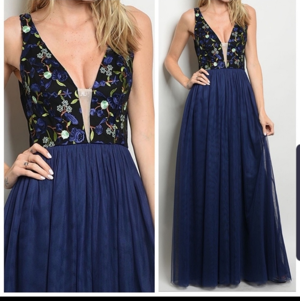Navy floral embroidered gown.  DR28